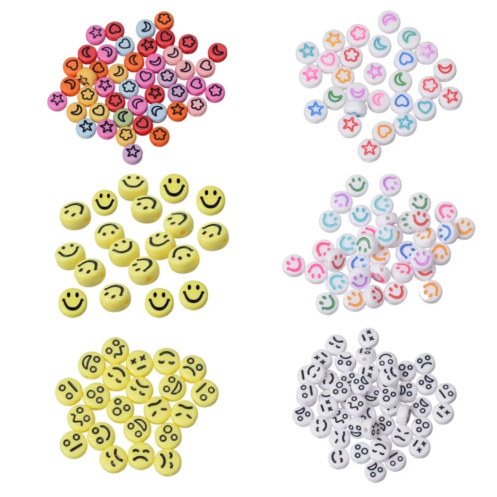 Handmade DIY Acrylic 4*7mm Flat Smiling Face Love Heart Crescent Pattern Children Enlightenment Loose Beads Jewelry Accessories