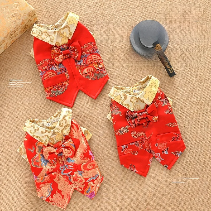 

Chinese New Year Wedding Dr Pet Clothes for Teddy Bichon Dowry Spring Summer Thin Red Celebration Dog Tang Suit