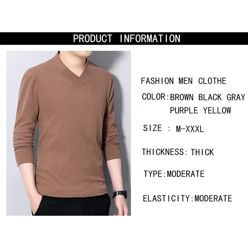 New Brand Autumn Winter Men T-shirt Men New Casual Soft Thick Long Sleeved V-neck Tshirt Solid Color Slim Fit Men Clothing