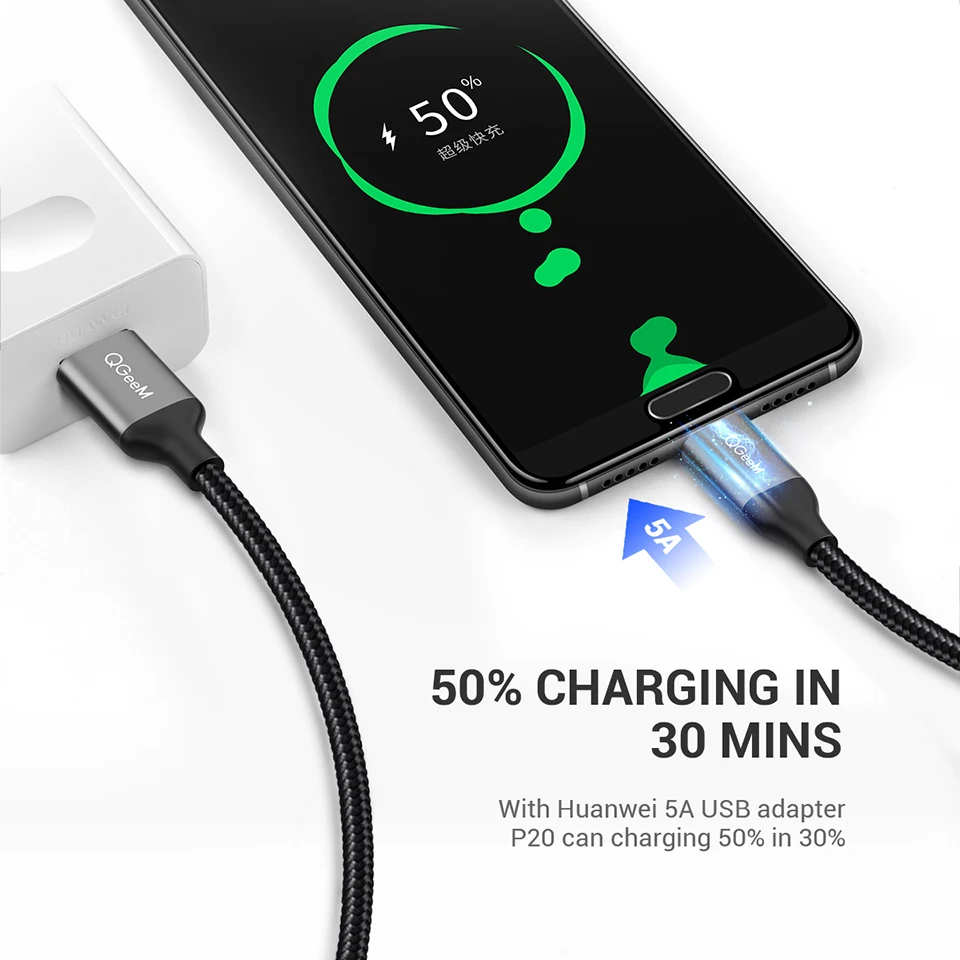 QGEEM 5A USB Type C Cable for Huawei P20 Mate 20 Pro USB Fast Charging USB C Data Cable Honor V10 Supercharge Type-C Cable