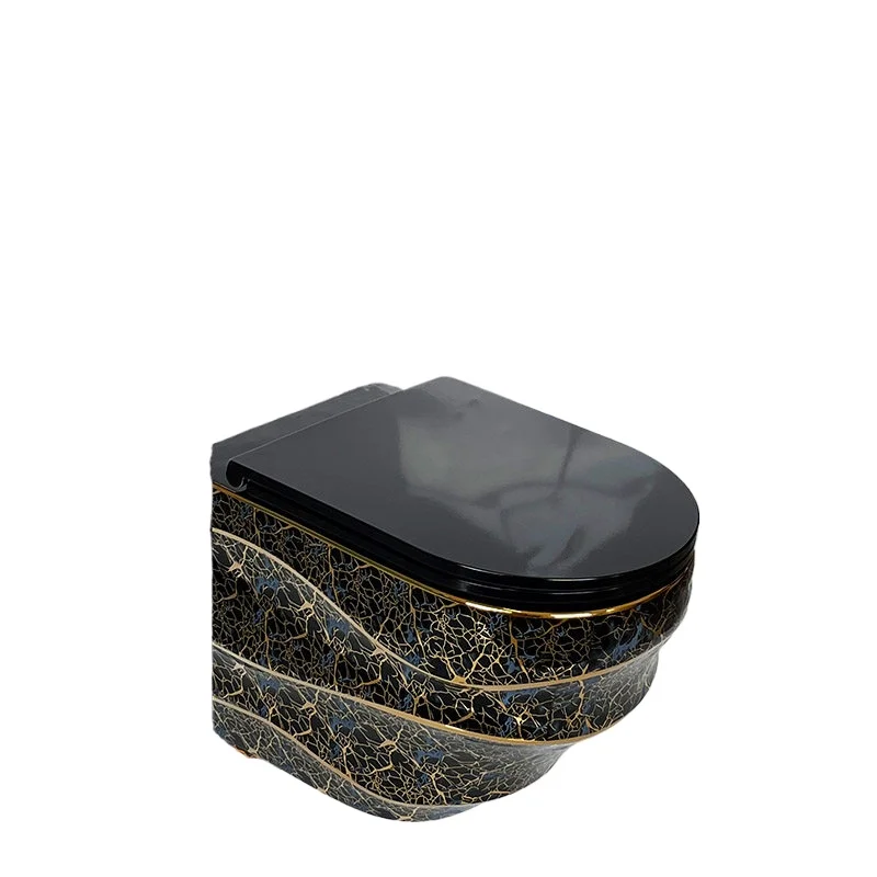 

Black and gold wall-mounted toilet, suspended toilet, bathroom, small apartment, wall discharge into wall water tank, gold