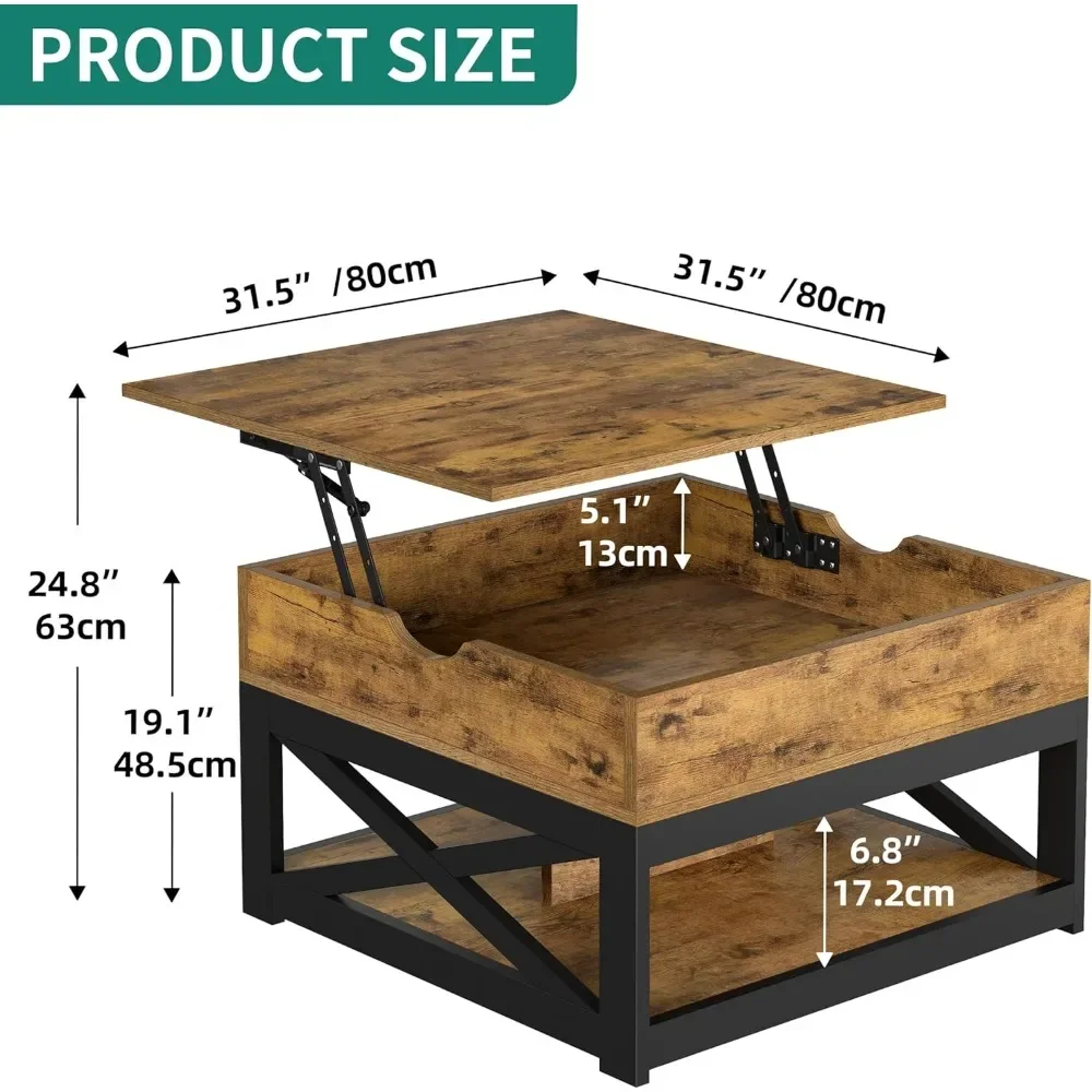 Levante a mesa de café superior com armazenamento duplo, Mesas de café para sala de estar, Móveis luxuosos, Mármore marrom rústico, Mesa de jantar