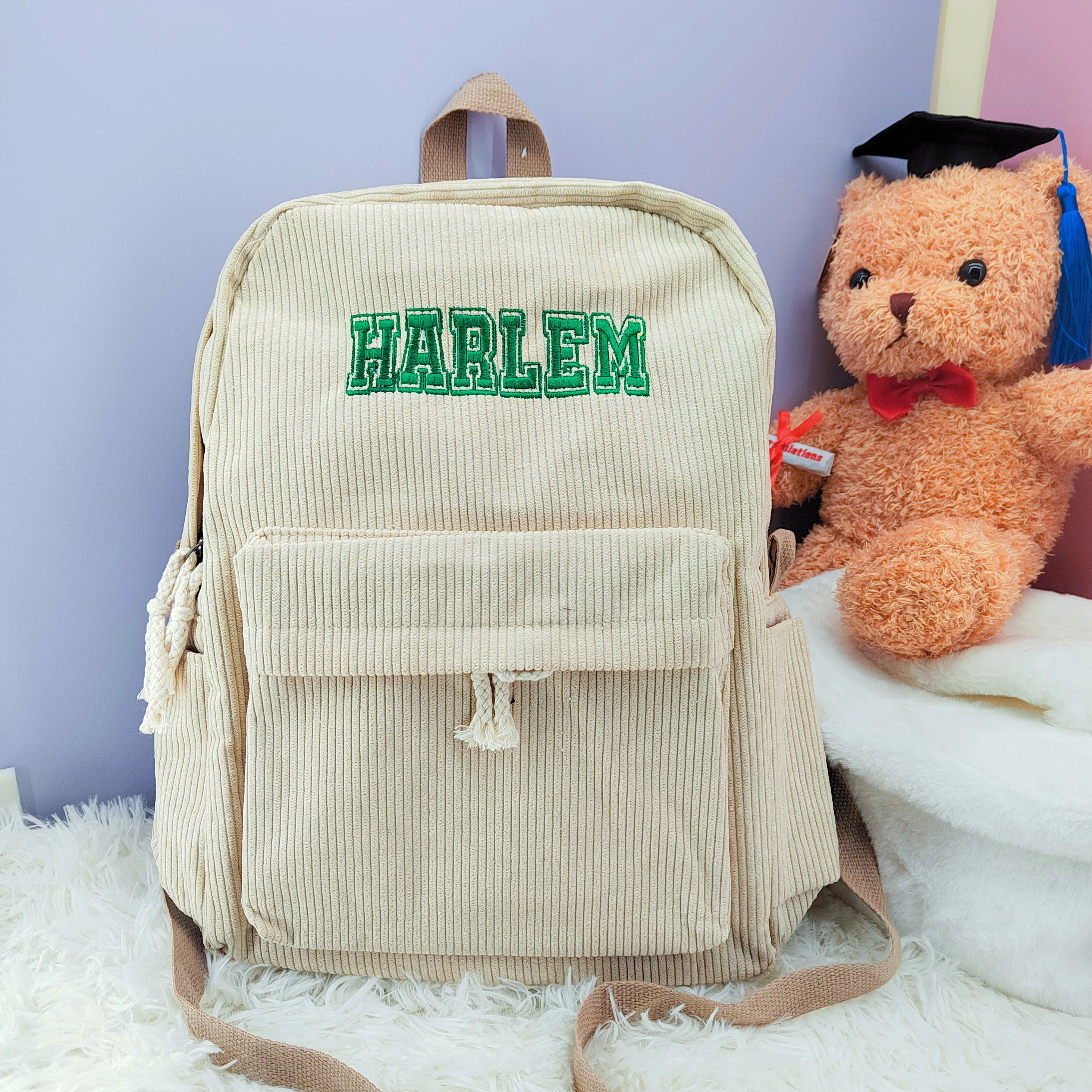 Personalised Corduroy Knapsack Custom Your Name Casual Backpack Unisex Classic Campus Portable Ultra Soft Handbag