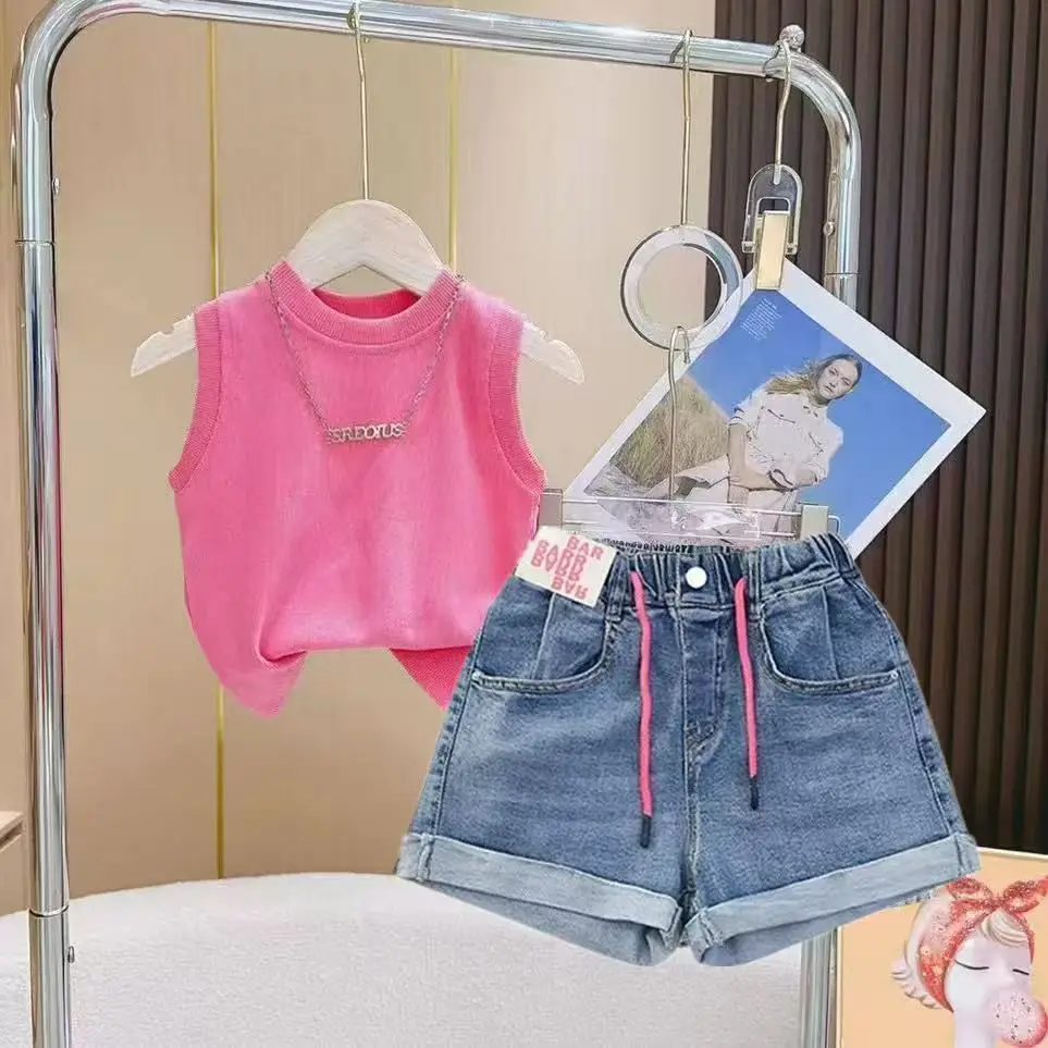 Girls' Denim Shorts Suit Summer 2025 New Kids Outfits Korean Version Little Girls' Fashionable Shorts T-shirtTwo-piece Set 4-10T
