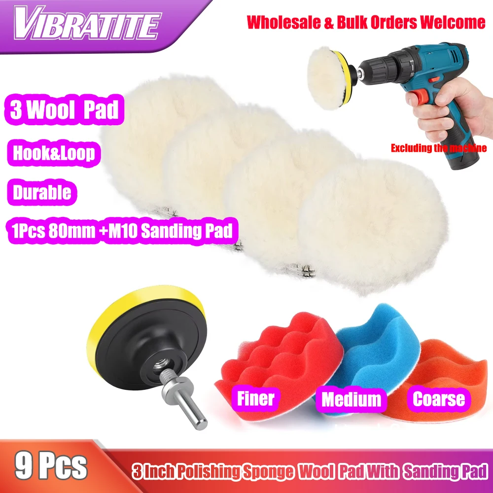 9 Pcs Drill Polishing Pad Kit 3 Inch Wool Buffing Polishing Pads Buffing Sponge Hook & Loop Backing Pad with M10 Drill Adapter