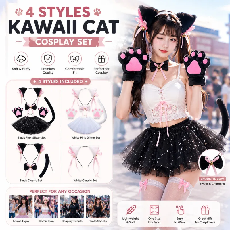 Cat Ear Headband Tail Paw Gloves JK Tutu Skirt Kit Bell Bow Maid‑Style Cosplay Outfit Halloween For Women Girls Accessory Gift