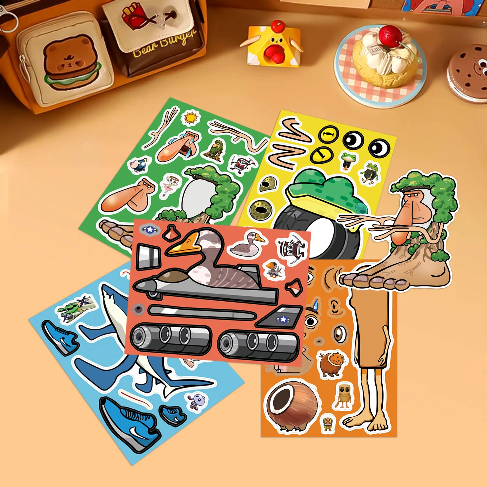 8Sheets Anime Tung Tung Tung Sahur Puzzle Stickers Make A Face Children Cartoon DIY Assemble Jigsaw Decals Kids Party Decor - view 5