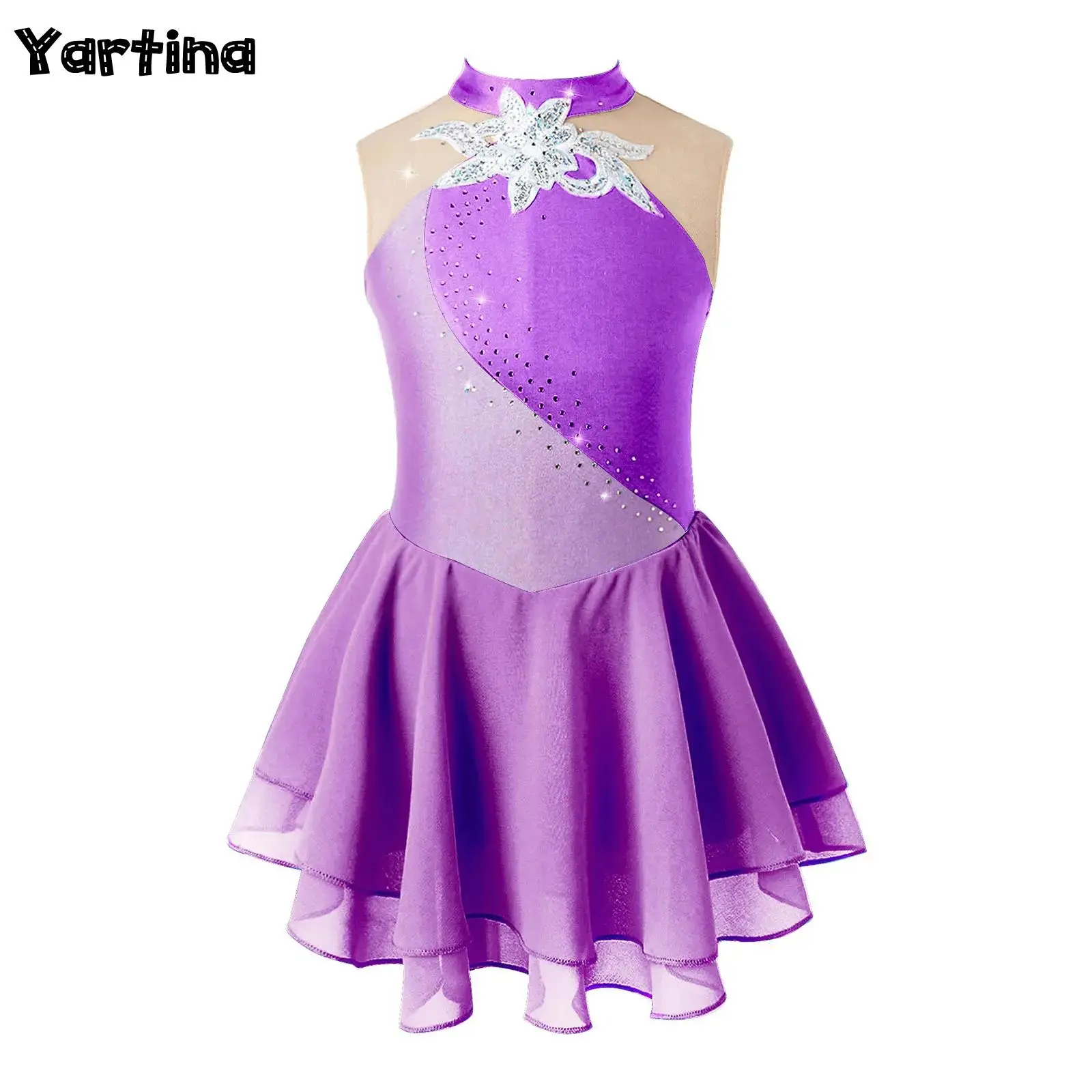 

Детский гимнастический купальник с блестками и стразами для девочек, художественное балетное трикотажное платье для фигурного катания, костюм для лирического танца