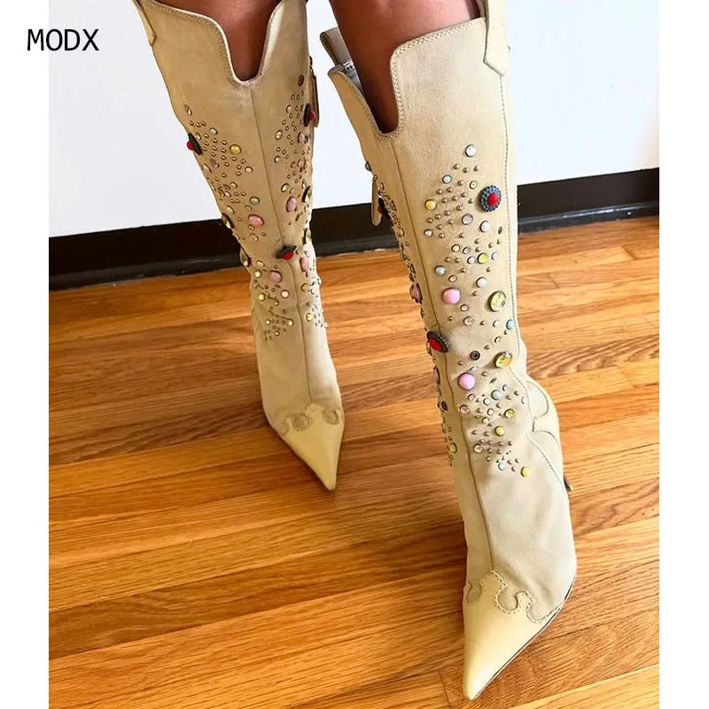 

Женские сапоги на высоком каблуке 2025 года, сапоги до колена на тонком каблуке с кристаллами, сапоги с острым носком, туфли-лодочки, Goth Mujer De Zapatillas 44