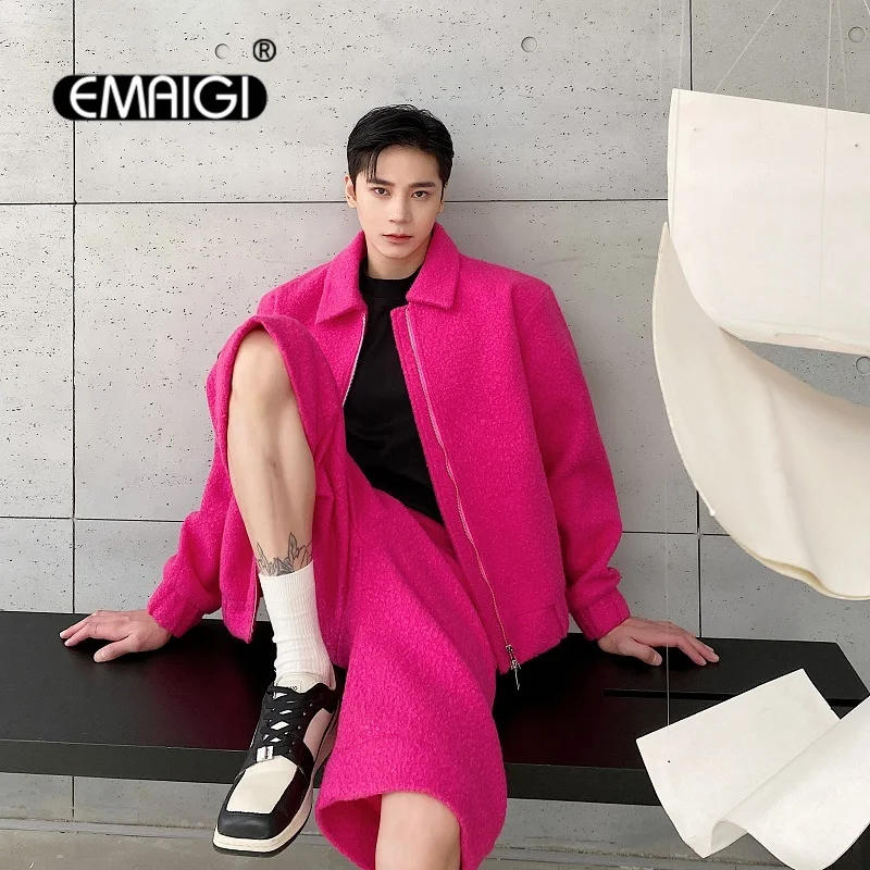 

Winter 2PCS Jacket and Shorts Sets Men Thicken Woolen Streetwear Vintage Fashion Loose Casual Handsome Short Coat Jacket Shorts