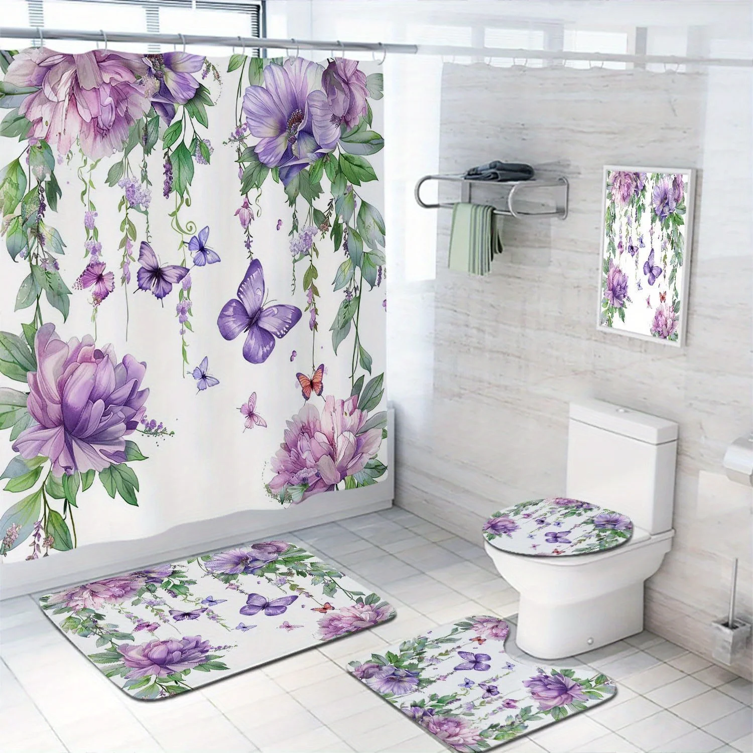 

4шт. Фиолетовый лавандовый декор для ванной комнаты, можно стирать в машине, полиэфирная ткань, занавеска для душа, коврик для унитаза, нескользящий коврик, U-образный коврик
