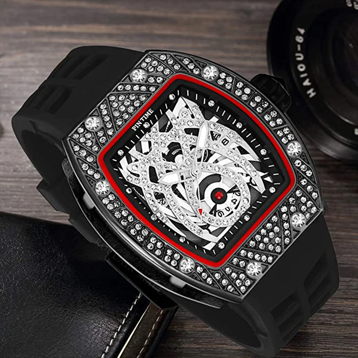 Mens Black Tonneau Fashion Diamond Punk Skeleton Silicone Quartz Analog Waterproof Wristwatch