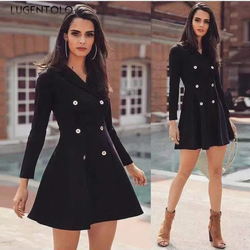 Women Sexy Trench Dress Double Breasted Slim Big Swing Black Lady Elegant Loing Sleeve Autumn New Fashion Short Clothing