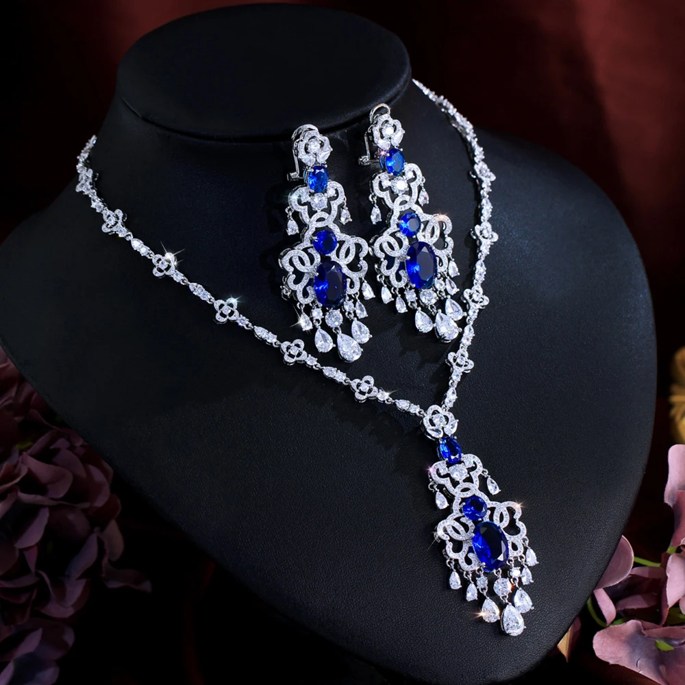 CWWZircons Top Quality Royal Blue Cubic Zirconia African Big Statement Necklace 2Pcs Sets for Women Evening Party Jewelry T0553