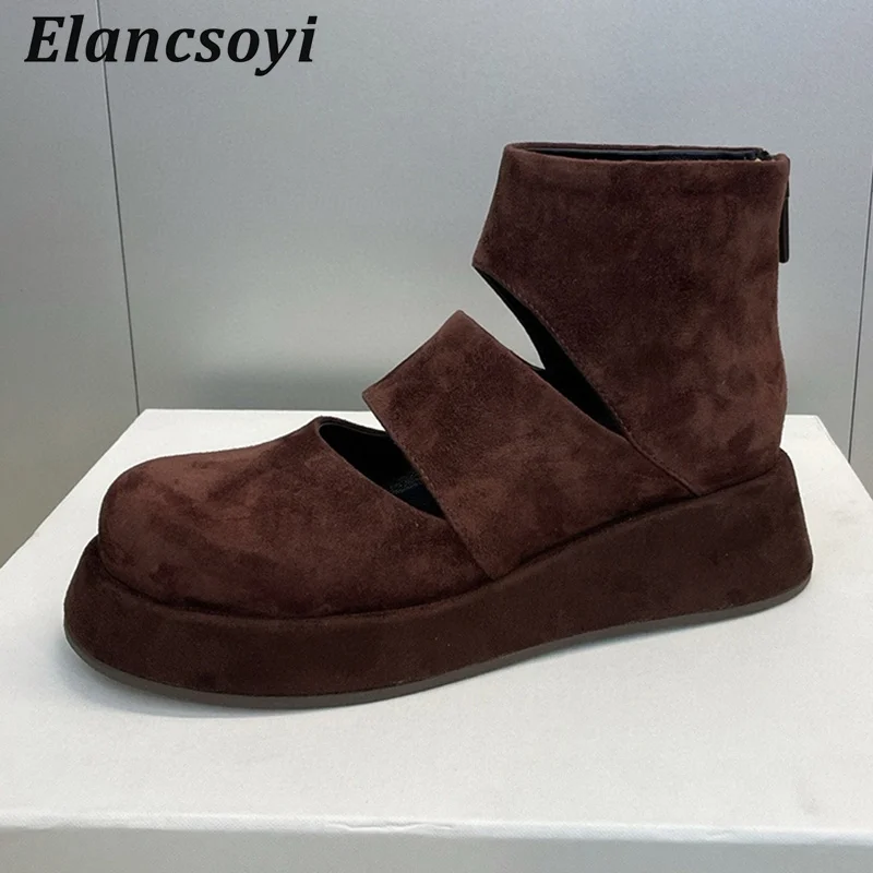 Summer Cool Boots Women Genuine Leather Thick Bottom Hallow Outs Short Boots Round Toe Zipper Platform Leisure Roman Ankle Botas