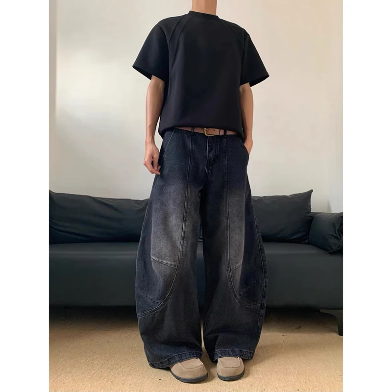 جينز عتيق للشارع 2000s جديد Y2K Harajuku أزرق مغسول ملابس الشارع الشهير جينز فضفاض من قماش الدنيم سروال رجالي عالي الخصر واسع للخريف