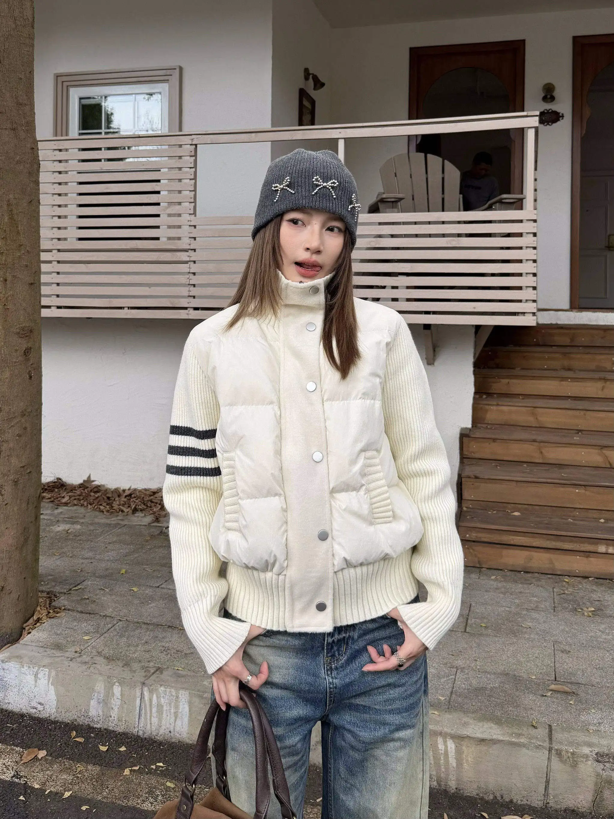 

XFX American Retro Knitted Patchwork Loose Warm Women's down Jaet Stand Collar Slimming Design Trendy Cleanfit Sle