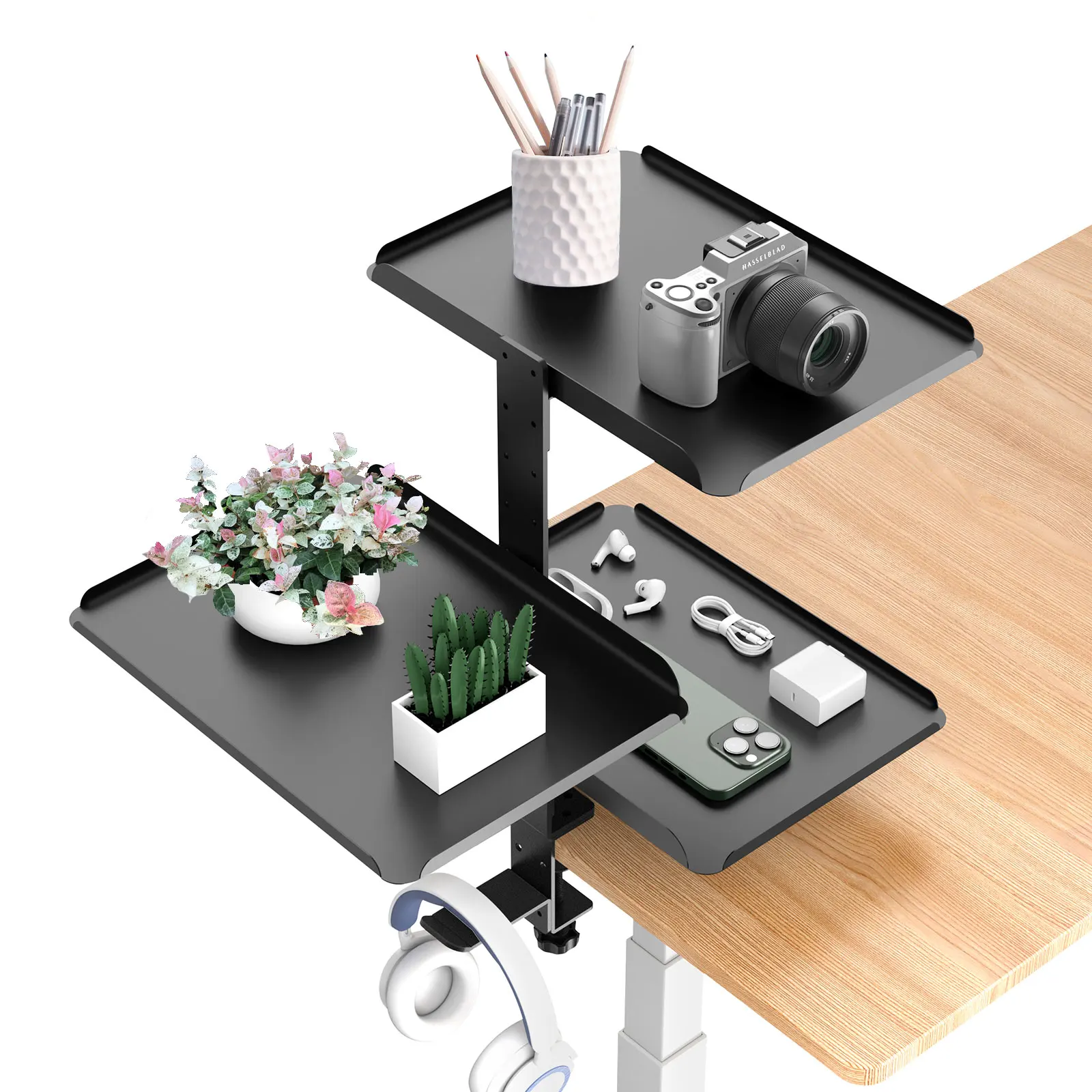Organisateur de bureau à fixation par pince 3 niveaux, étagère sous le bureau en acier carbone, support pour casque et plateaux, accessoires pour bureau debout