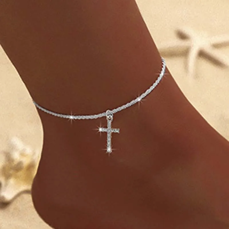 Simple Cross Pendant Silver Color Chain Anklet for Women Fashion Heart Pearl Rhinestone Leg Body Jewelry Beach Travel Gifts