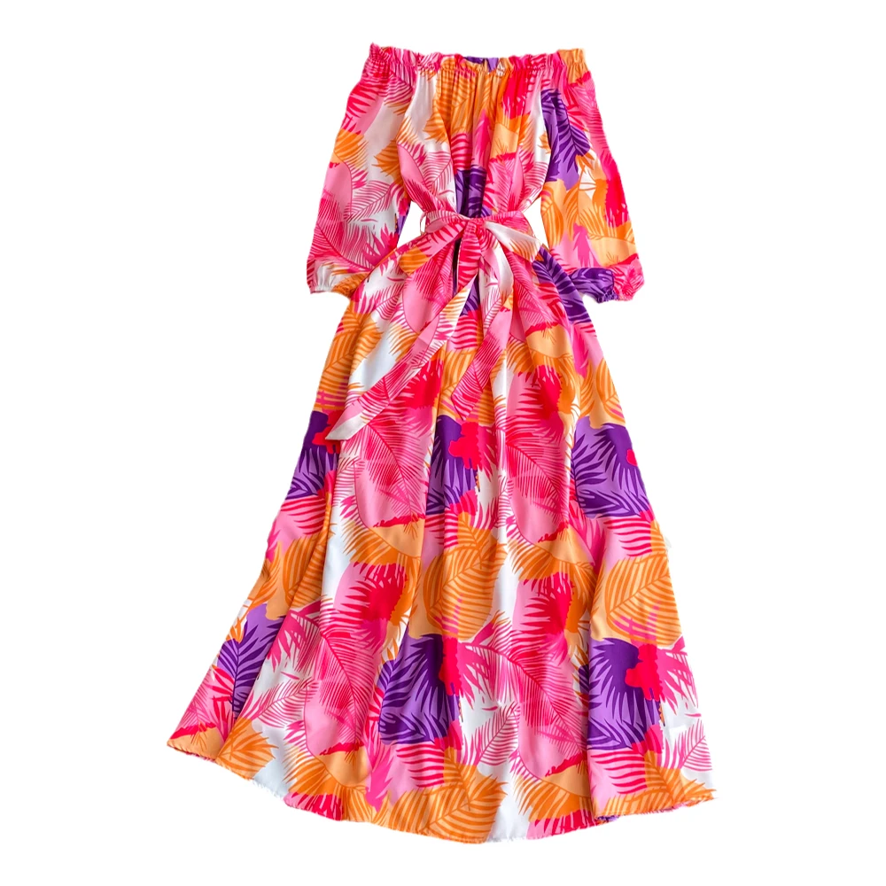 فستان أنيق على شكل حرف a بكتف واحد مطبوع للتخسيس بخصر عالٍ طويل لقضاء عطلة الشاطئ على الطراز الكوري للتنقل مزين بالزهور للخري...