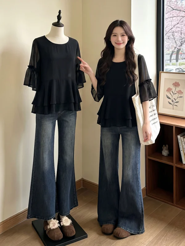 

Elegant Black Oversized Shoulder Chiffon Top Women's Summer New Style plus Size Flattering Belly Cover Fashionable Youthful Top