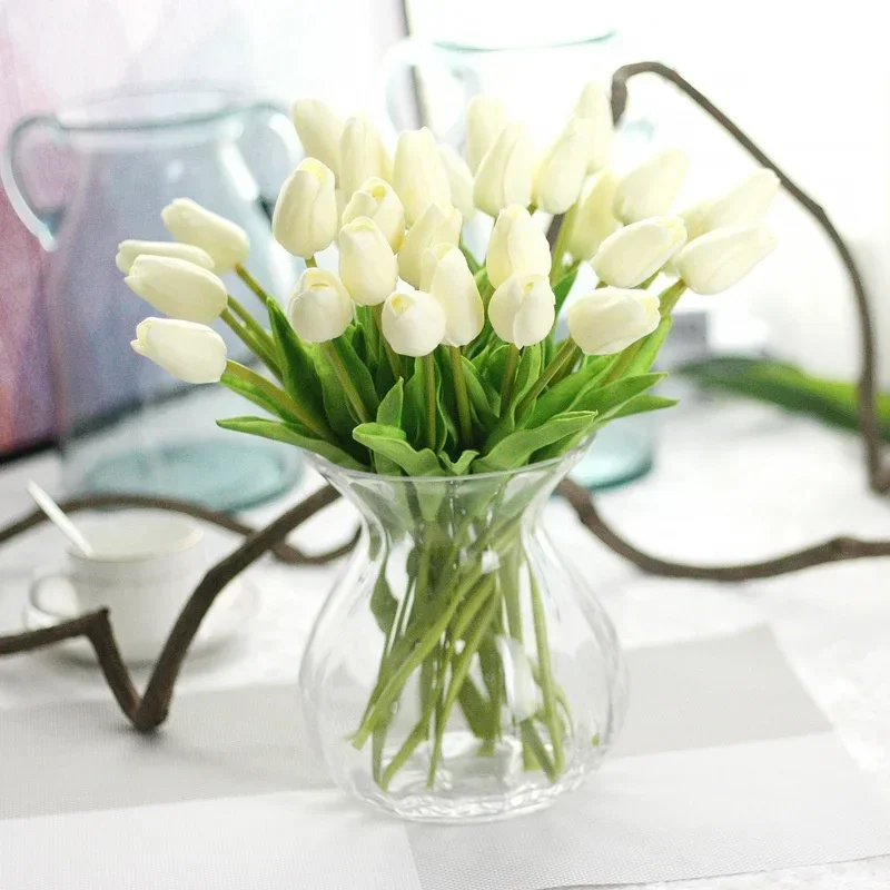 5pcs Artificial Flowers Tulips Home Decorations Real Touch Fake Flowers White Tulip Bouquet for Bride Wedding Garden Party Decor