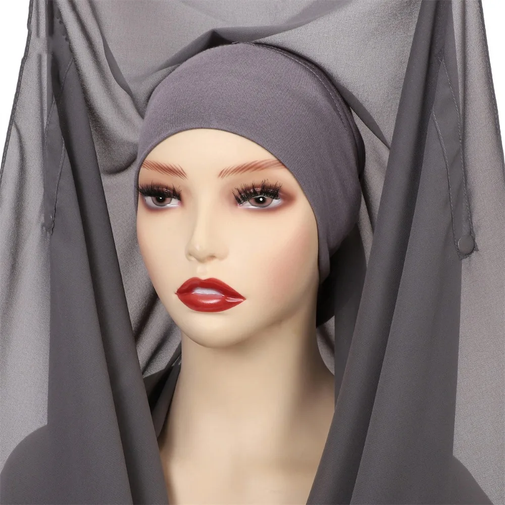 

2in1 Instant Chiffon Hijab Scarf Solid Color with Undercap Muslim Long Headscarf Bulit-In Magnets Breathable