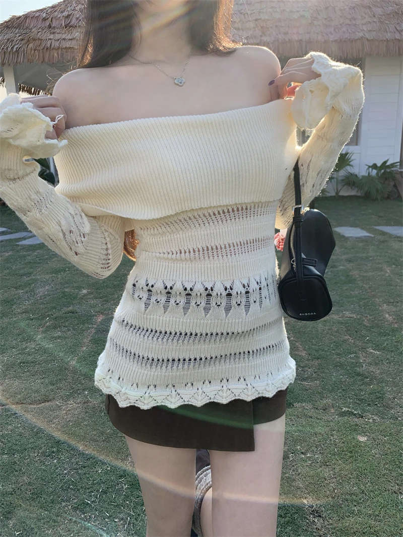 

Корейский вязаный свитер с длинными рукавами и вырезами на одно плечо для женщин, осенне-зимний, облегающий, мягкий и уютный пуловер