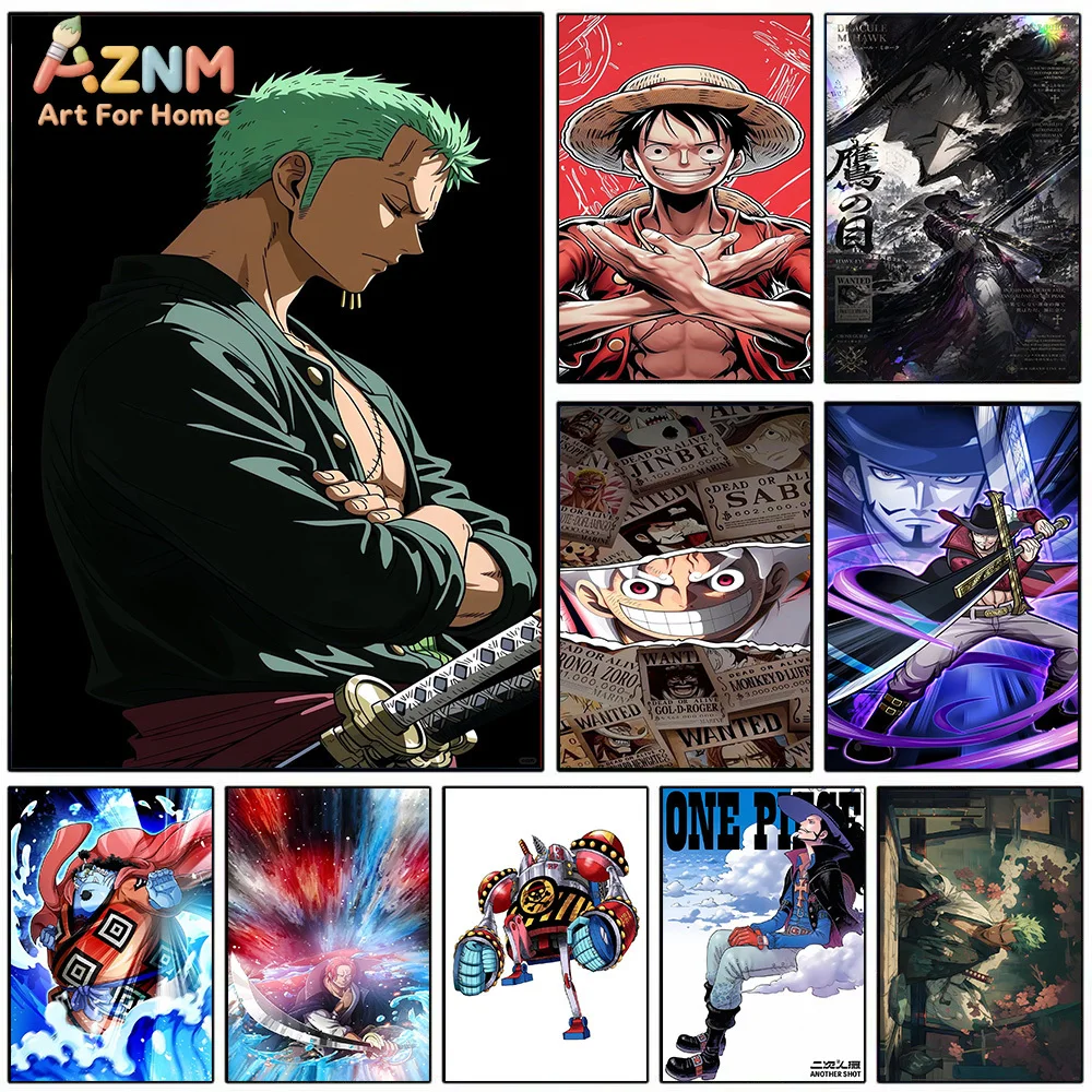 AZNM One Piece Zoro Luffy Mihawk Jinbe Shanks Franky Wanted Poster Canvas Wall Art Anime Print Unframed Canvas Painting For Bedr
