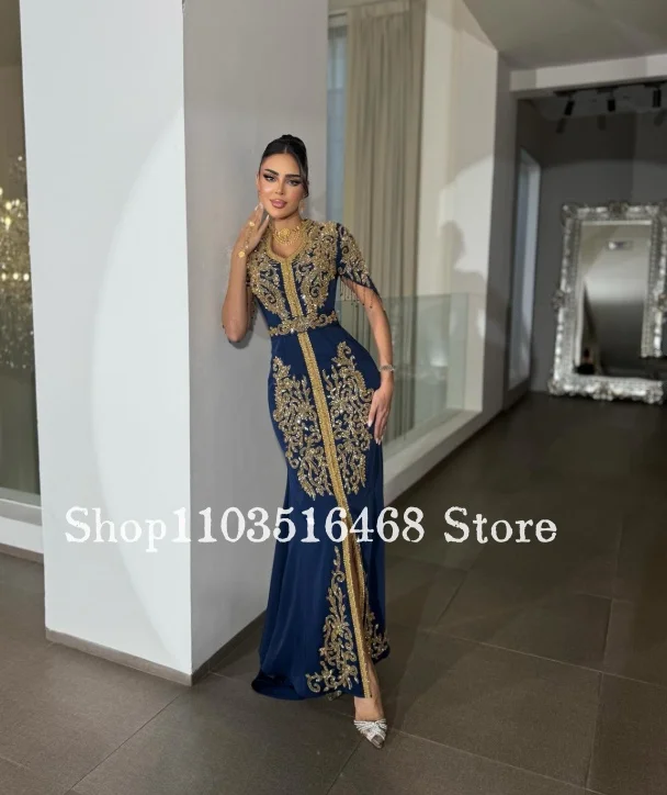 Suknia wieczorowa w kolorze granatowym, inspirowana Bliskim Wschodem, zdobiona koralikami, luksusowa, haftowana, arabska suknia balowa, suknia na wesele, sukienka na przyjęcie, formalna suknia bankietowa.