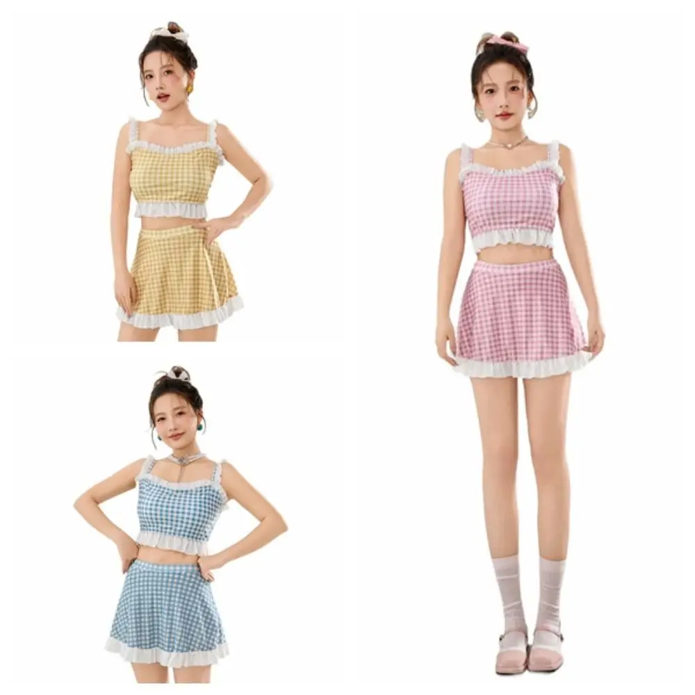 Dwuczęściowy strój kąpielowy w paski z falbankami, słodka spódniczka, strój plażowy, odzież na gorące źródła, bikini.