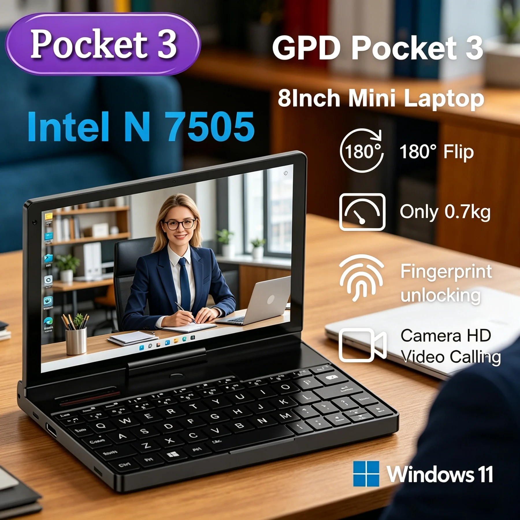 Hot Sale GPD Pocket 3 Mini Notebook, 8 Inch Intel Gold 7505, 16GB 512GB SSD, Full-featured Modular Handheld Computer