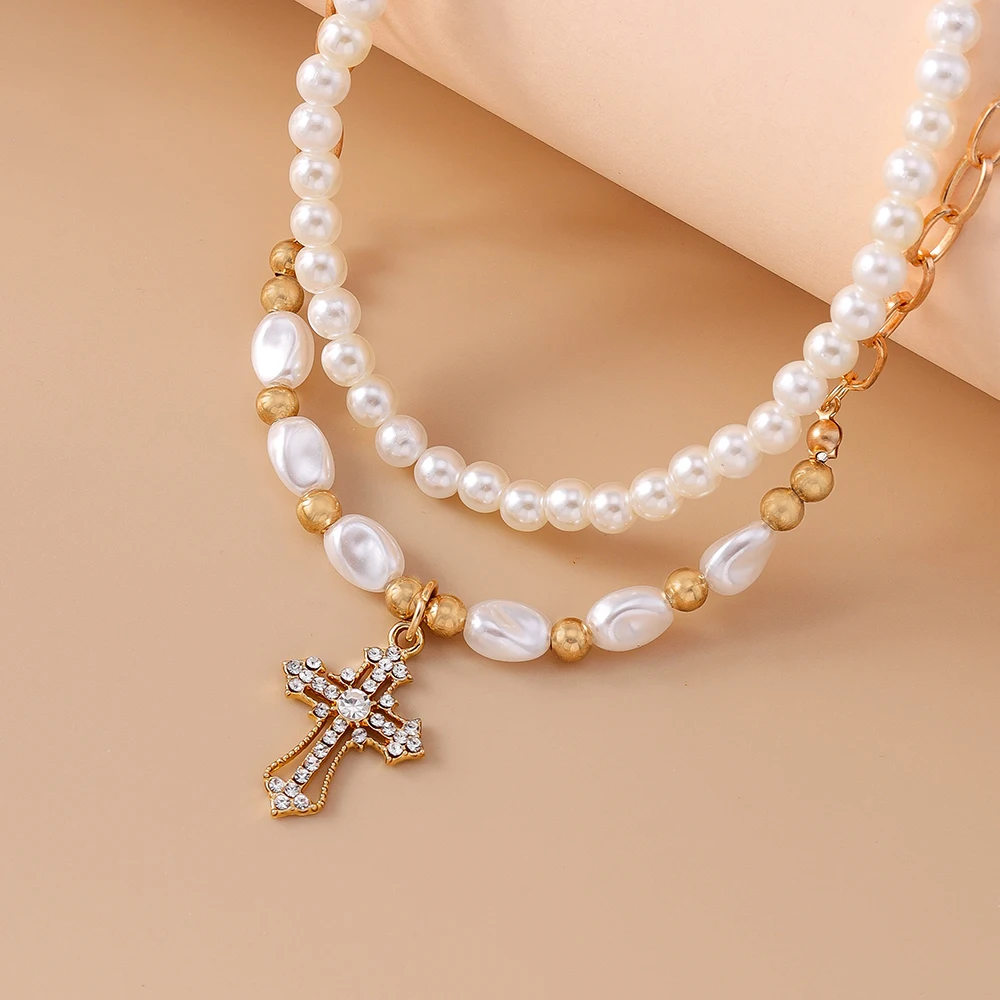 Aihua Y2K Damen Perlen-Zirkon-Kreuz-Anhänger Halskette für Damen Mädchen Mode Party Trendiger Schmuck Geschenke – Detail 6