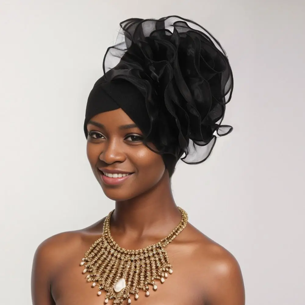 Elegant Large Flower Turban Cap Party Headpiece African Lady Head Wraps Headwear Solid Color Beanie Cap Women