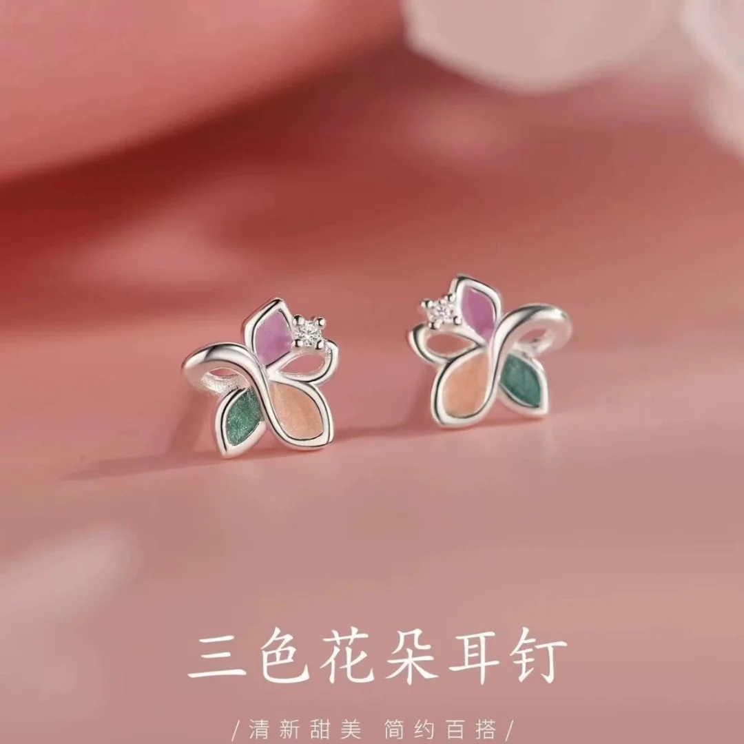 Uini Tail hot selling 925 pure silver needle three color flower earrings 2026 niche design new earrings exquisite trend sweet