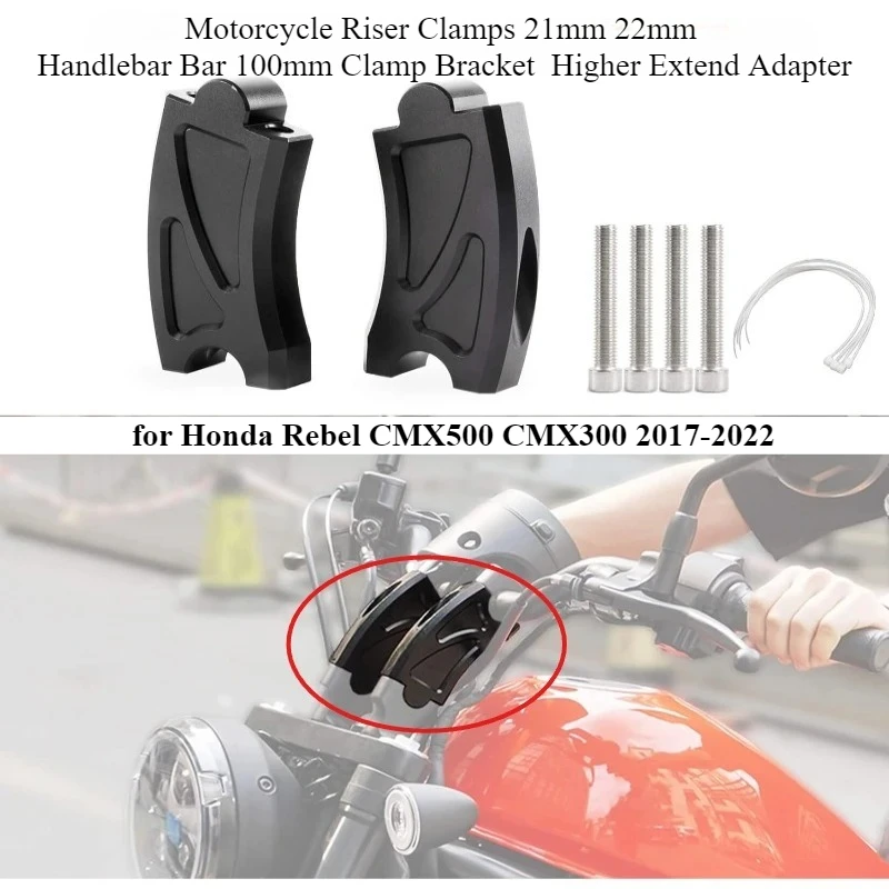 

Motorcycle Riser Clamps 21mm 22mm Handlebar Bar 100mm Clamp Bracket Higher Extend Adapter for Honda Rebel CMX 500 300 2017-2022