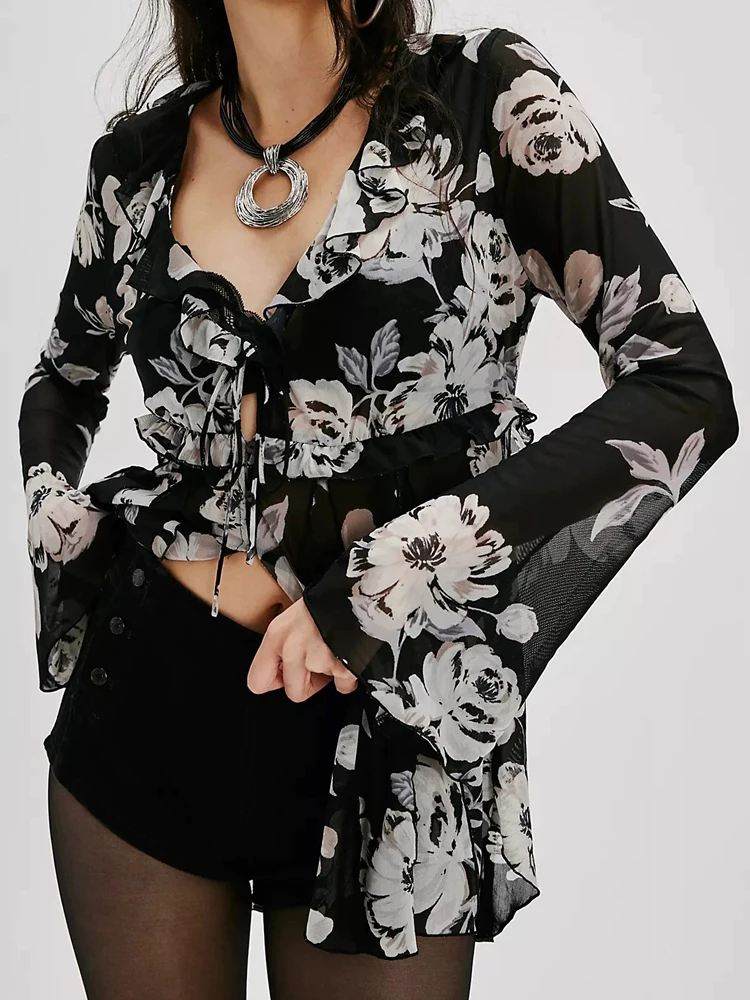 

Ретро-рубашка из шифона с принтом и воротником-стойкой, с поясом, сексуальная, полупрозрачная, с защитой от солнца, с длинным рукавом, V-образным вырезом, средней длины, для повседневной носки...