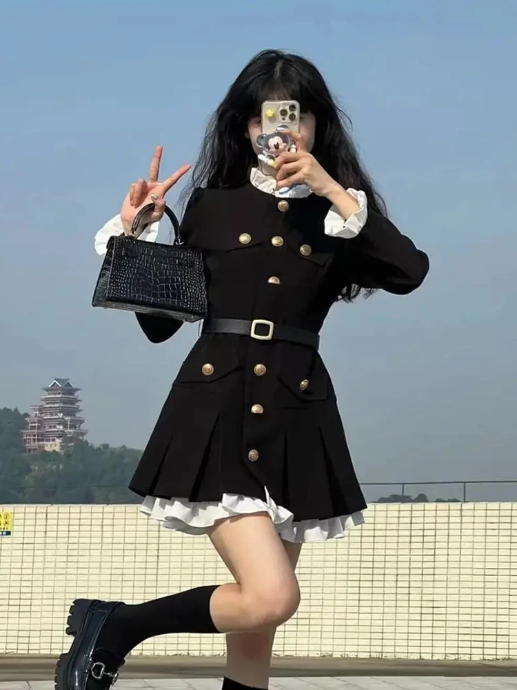 Minivestido de moda francesa para mujer, traje de retazos con botones de manga larga y pequeña fragancia, cinturón dulce, Vestidos elegantes ajustados con cuello redondo