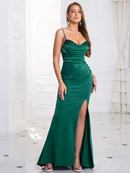 Green Sparkle Sequin Patchwork Floor Length Evening Party Dress Long Backless Sleeveless Ruched Front Slit Prom Gown Red