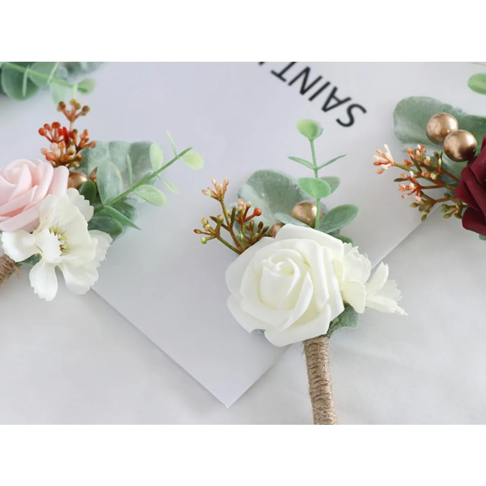Boutonniere Bunga Pergelangan Tangan Korsase Pernikahan Aksesoris Bridesmaid Buatan Sutra Daun Mawar untuk Dekorasi Pernikahan