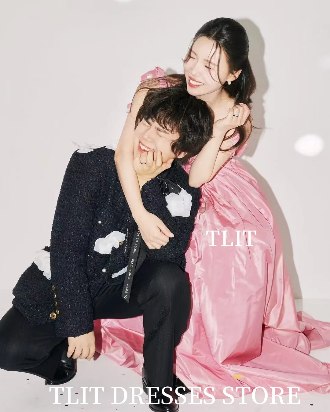 TLIT Elegancka jasnoróżowa satynowa suknia wieczorowa Korea Suknia ślubna Sesja zdjęciowa Duża kokarda Drapowanie Formalna impreza Dostosowana suknia balowa