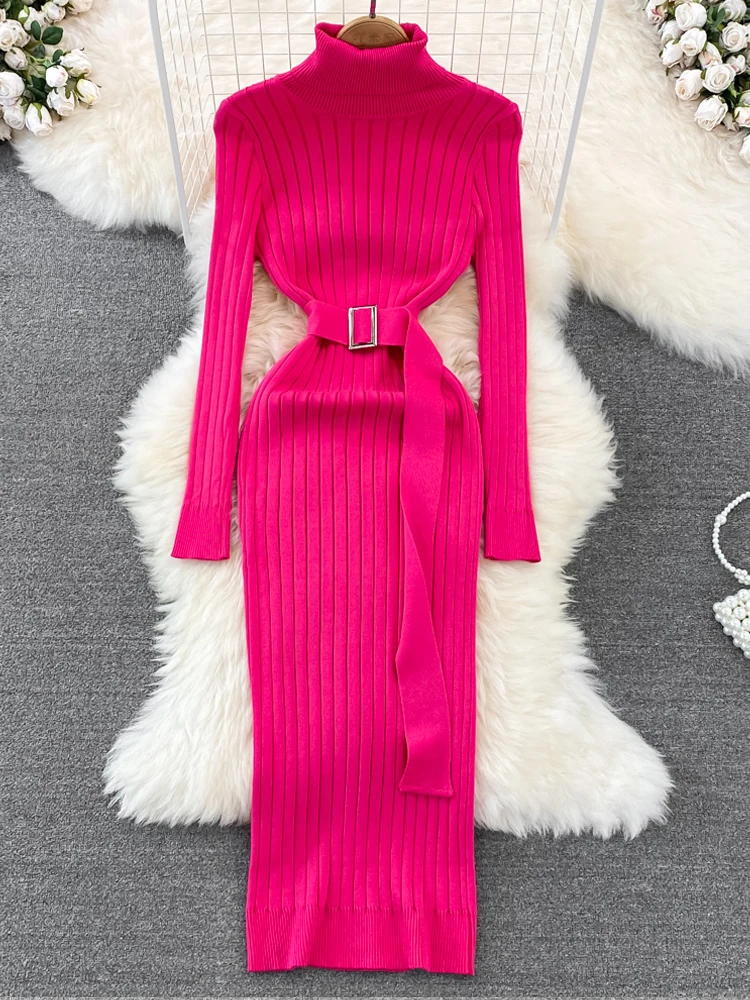 YuooMuoo Fashion Ribbed Knit Full Sleeve Dress with Belt Ladies Autumn Winter Elegant Knit Sweater Dress Women 2023 New Vestidos