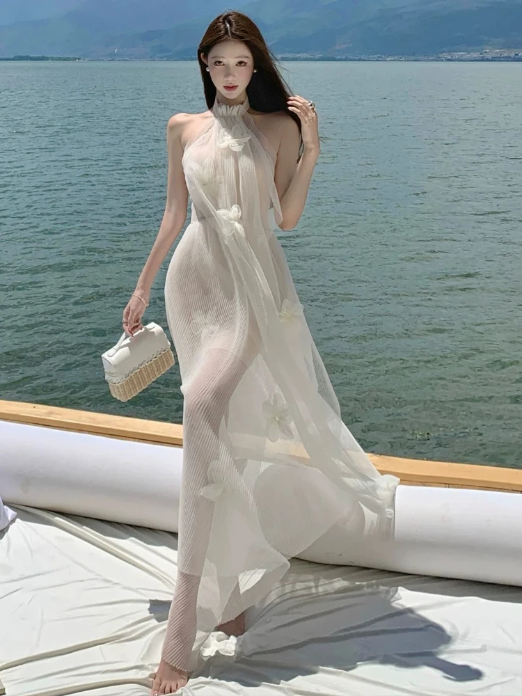 

Dress Ethereal Designer Pure Sweet Style Handmade Three Dimensional Pleated Floral Mesh Halter Neck Stunning Pretty Little Gown