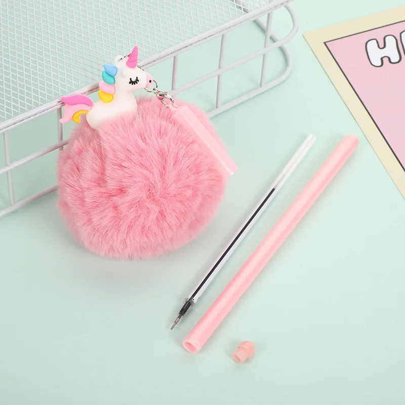 Colorful Heart Plush Pompom Ballpoint Pen Metal Body Black Oil Writing Ball Pen School Office Stationery Supplies For Girls Gift