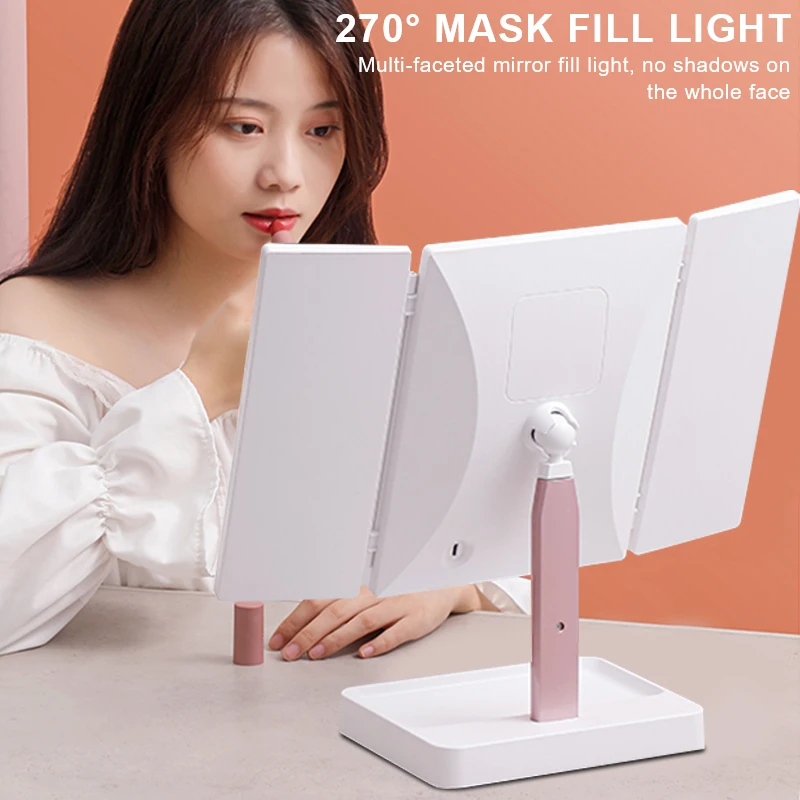 E2 72 LED Light Vanity Mirror 1/2/3X Magnifying Cosmetic 3 Folding Makeup Mirrors Stepless Dimmer Beauty Table Mirrors Lamp Gift