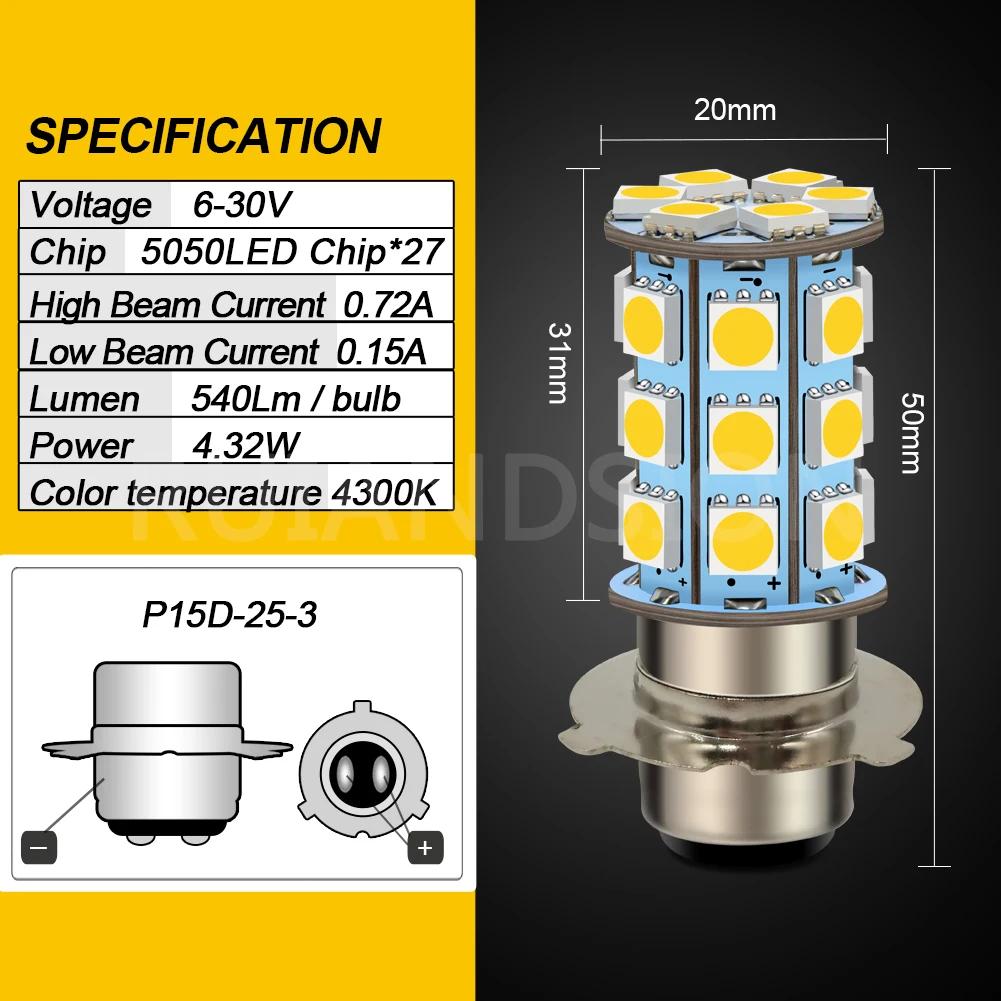 2Pcs P15D-25-3 LED Motorcycle Headlight Bulb 6V 12V 24V 4300K Warm White Motorbike Bike Moto Moped Scooter ATV Light Hi/Lo Beam - view 6