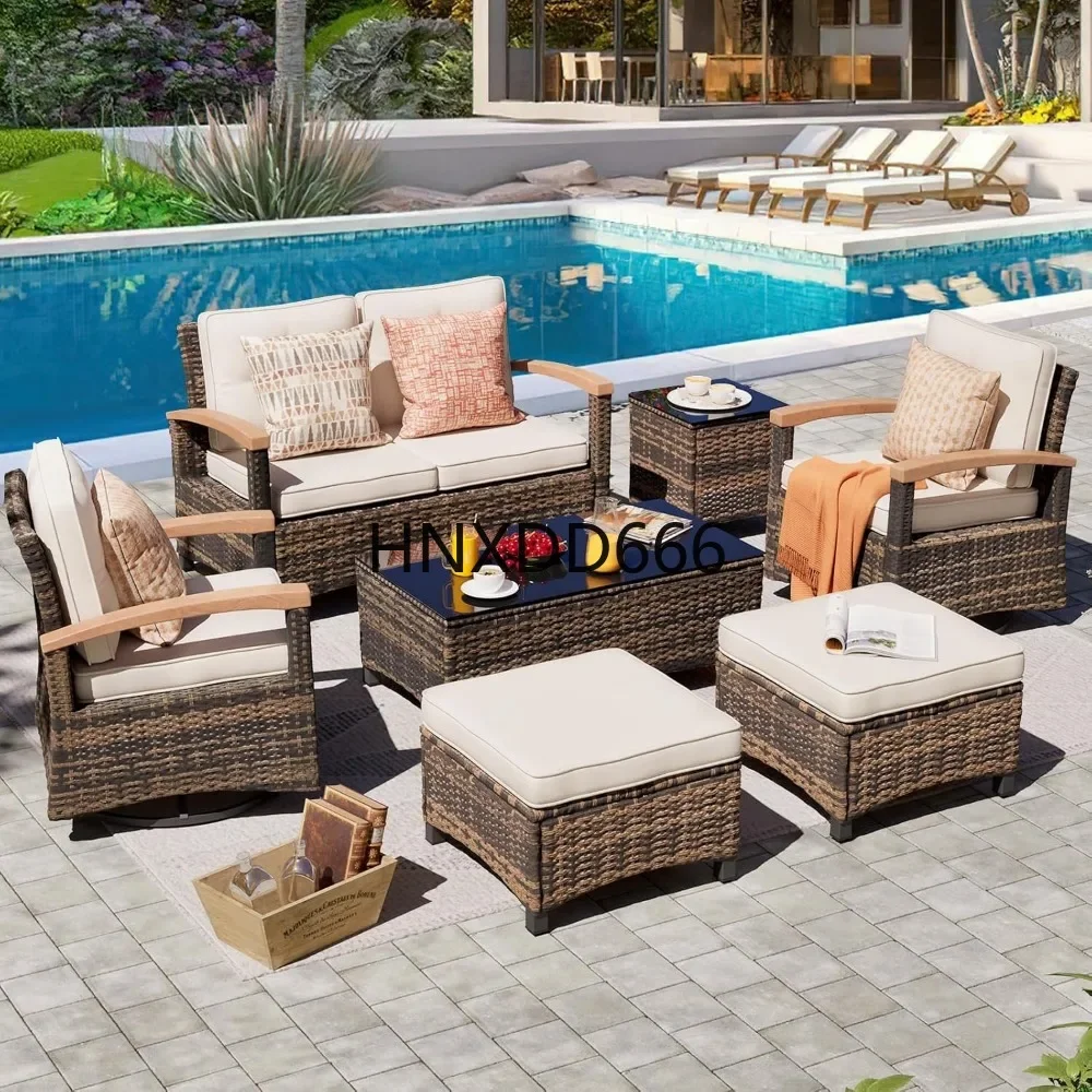 7 Pieces Patio Furniture Sets, with 2 Wood Armrests Swivel Rocker Chairs,  2 Ottoman,  2-seat Sofa and Coffee Table