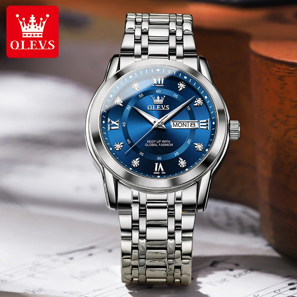 OLEVS 5513 남성용 쿼츠 시계 스테인레스 스틸 스트랩 다이아몬드 스케일 듀얼 캘린더 방수 축광 남성용 비즈니스 손목 시계