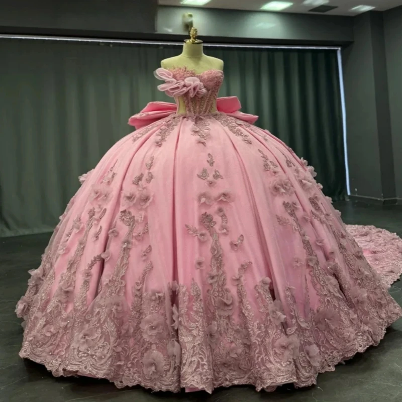 

Розовые платья Quinceanera с открытыми плечами, аппликация, цветок, бисер, бант, тюлевой корсет, вечерние, день рождения, милое платье 16, Vestidos 15 De