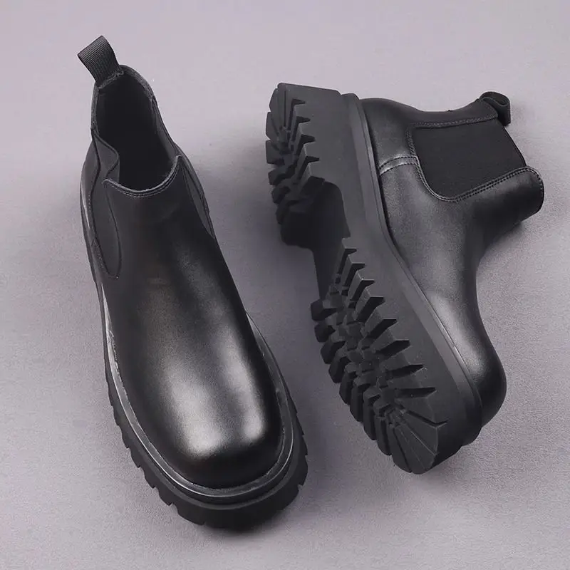 2024 Chelsea Men's British Round Head High-top Big Head Leather Shoes Platform Black Versatile Trend Casual Short Boots